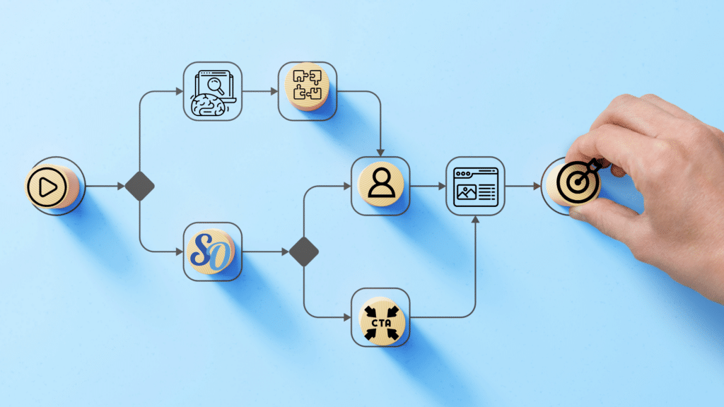 Flow graph showing tiles that indicate different steps of web development.