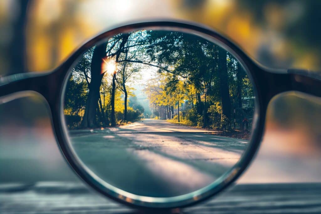 View through single lense glasses in focus