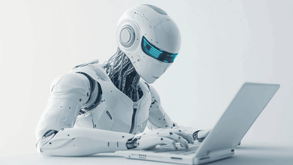 Artificial intelligent looking at a laptop